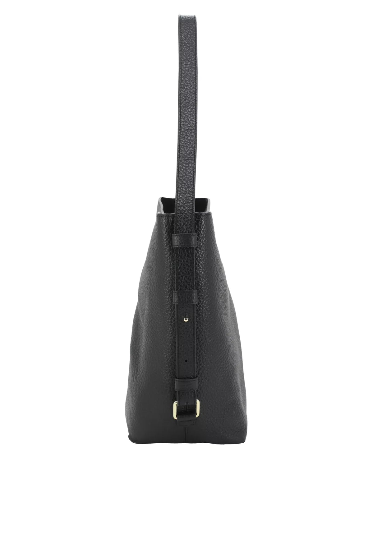 A black pebbled leather shoulder bag shown from the side profile against a solid white background.