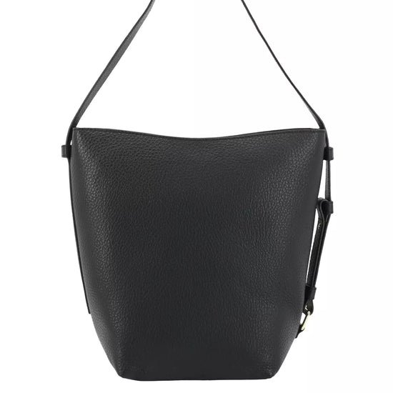 A black pebbled leather shoulder bag with a wide body and a single thin strap, shown against a plain white background.