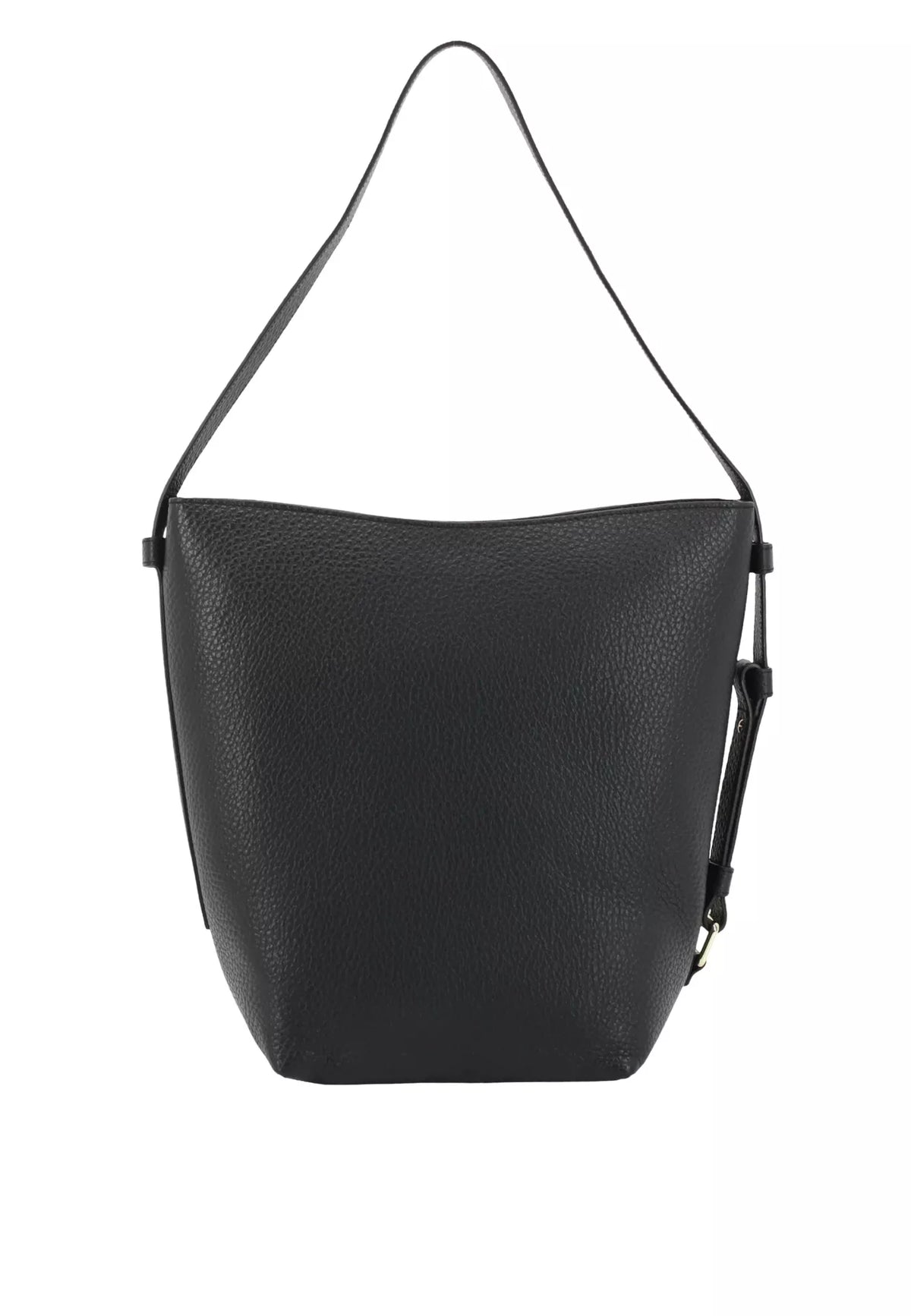 A black pebbled leather shoulder bag with a wide body and a single thin strap, shown against a plain white background.