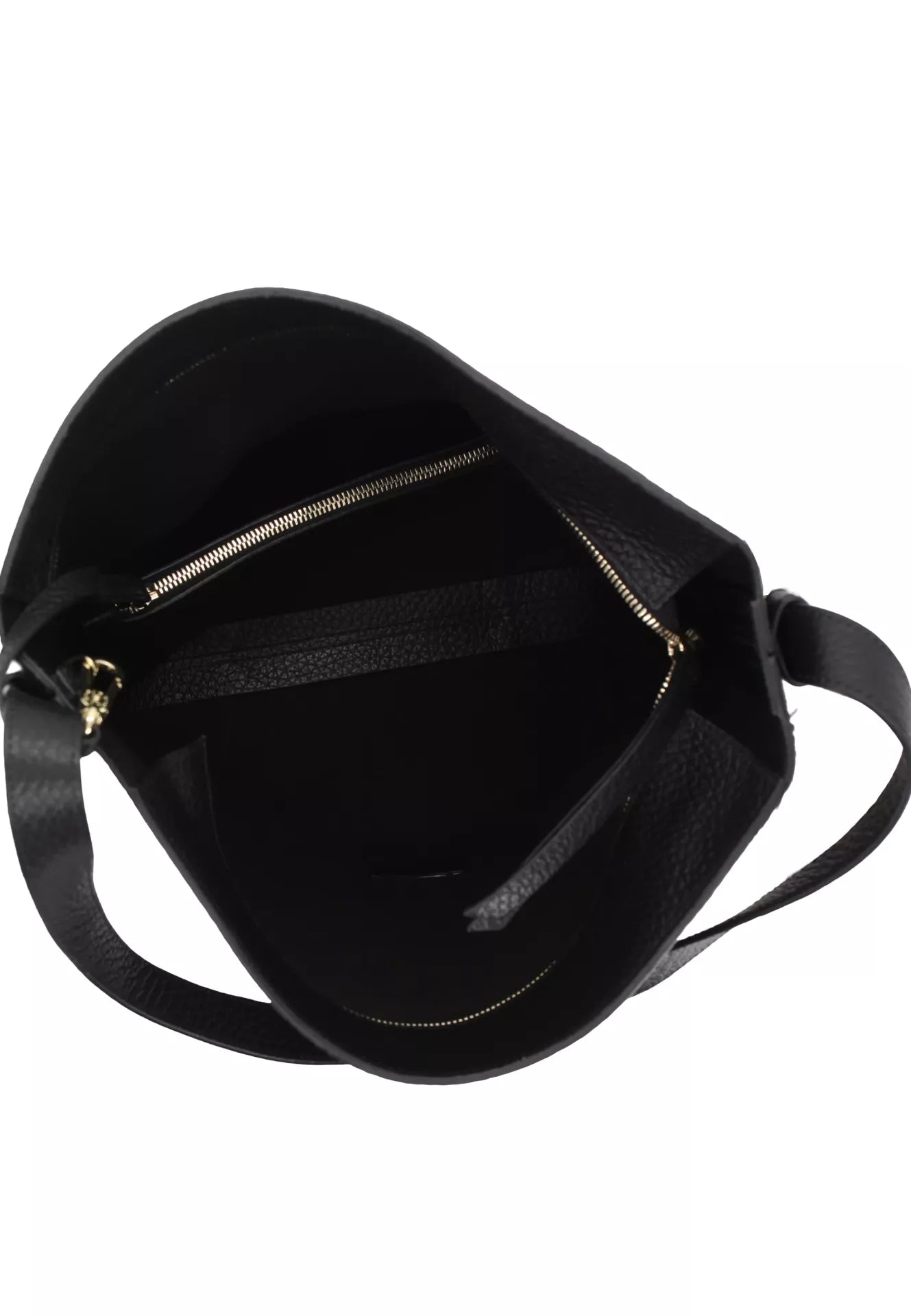 Black leather shoulder bag shown from an overhead angle, displaying its interior with a zippered compartment and a black strap against a white background.