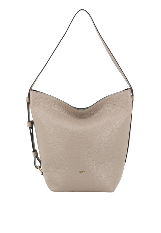 A light beige pebbled leather hobo shoulder bag with a thin dark strap and a small gold logo on the front, shown against a plain white background.