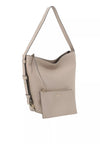 A taupe pebbled leather hobo shoulder bag with a front zippered pocket and a matching adjustable shoulder strap, shown on a plain white background.