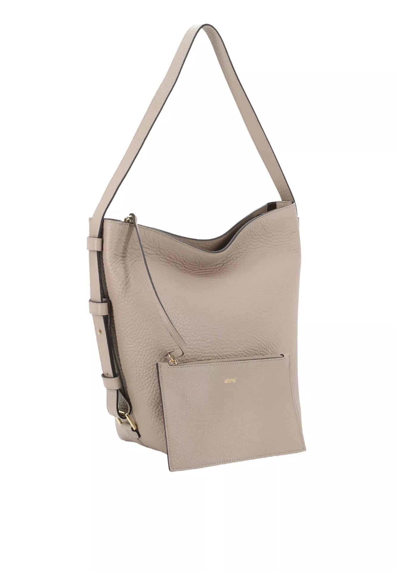 A taupe pebbled leather hobo shoulder bag with a front zippered pocket and a matching adjustable shoulder strap, shown on a plain white background.