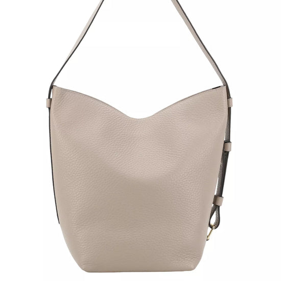 A light beige pebbled leather hobo shoulder bag with a single thin strap, shown against a plain white background.