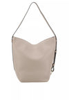 A light beige pebbled leather hobo shoulder bag with a single thin strap, shown against a plain white background.