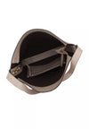An overhead view of a taupe leather shoulder bag showing its interior, which features a dark brown lining, a zippered pocket, and a matching taupe shoulder strap on a white background.