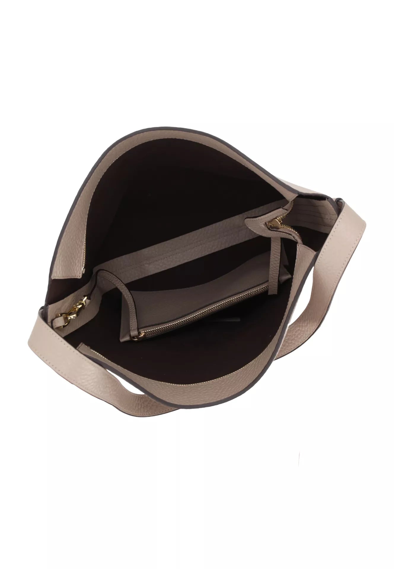 An overhead view of a taupe leather shoulder bag showing its interior, which features a dark brown lining, a zippered pocket, and a matching taupe shoulder strap on a white background.