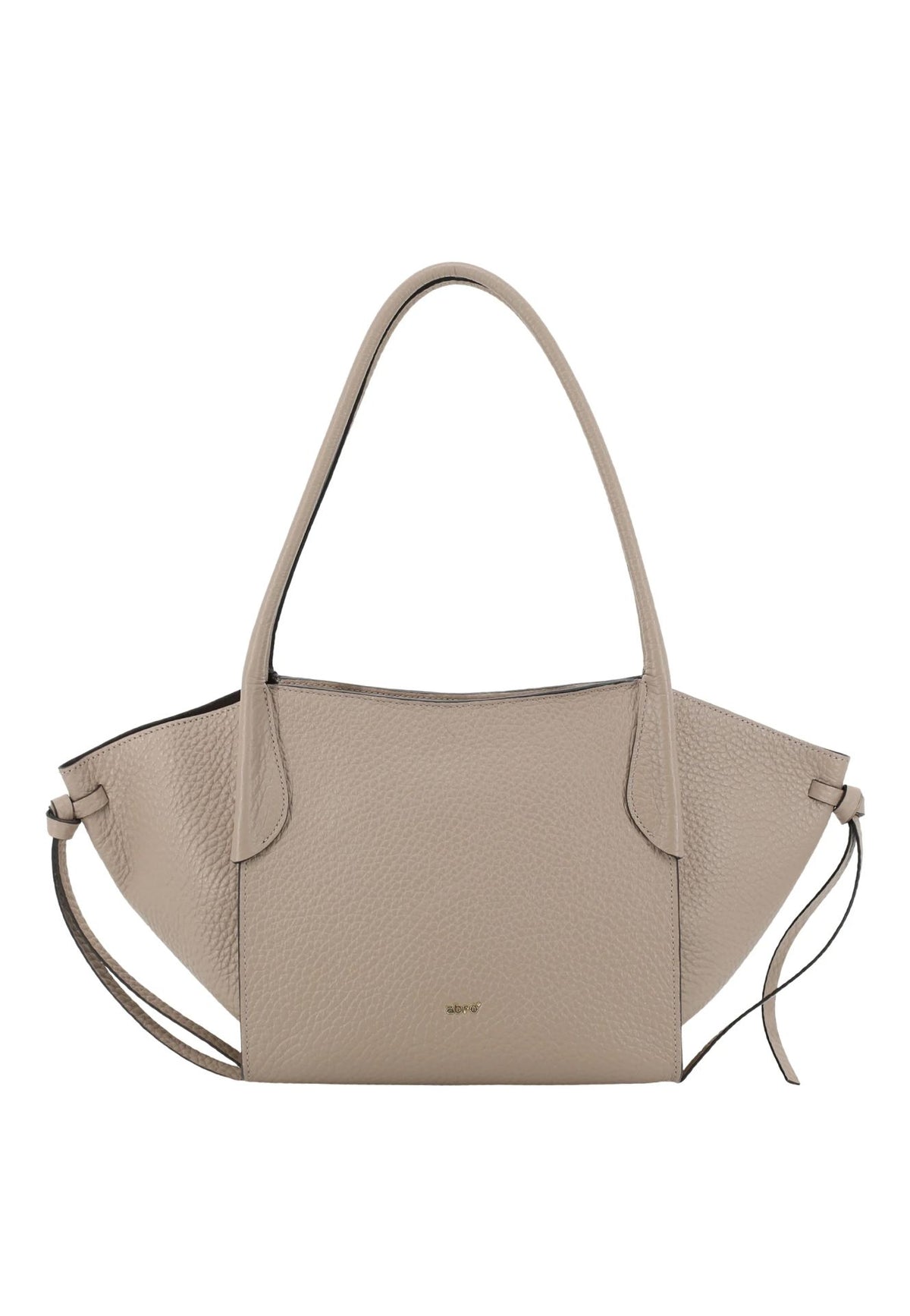 A light taupe pebbled leather handbag with a structured, fan-shaped silhouette, dual top handles, and a thin shoulder strap, shown against a plain white background.