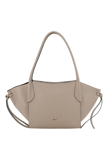 A light taupe pebbled leather handbag with a structured, fan-shaped silhouette, dual top handles, and a thin shoulder strap, shown against a plain white background.