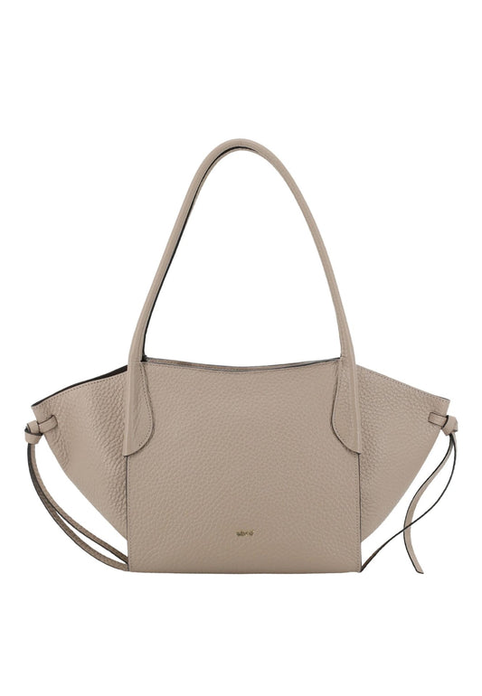 A light taupe pebbled leather handbag with a structured, fan-shaped silhouette, dual top handles, and a thin shoulder strap, shown against a plain white background.