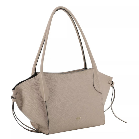 A light beige pebbled leather handbag with dual top handles and a thin matching shoulder strap, shown on a plain white background.