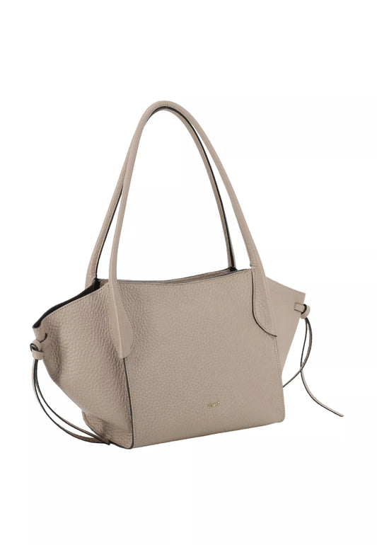 A light beige pebbled leather handbag with dual top handles and a thin matching shoulder strap, shown on a plain white background.