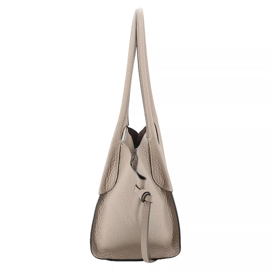A metallic taupe leather shoulder bag with a pebbled texture, shown from the side profile against a solid white background.