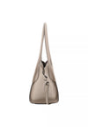 A metallic taupe leather shoulder bag with a pebbled texture, shown from the side profile against a solid white background.