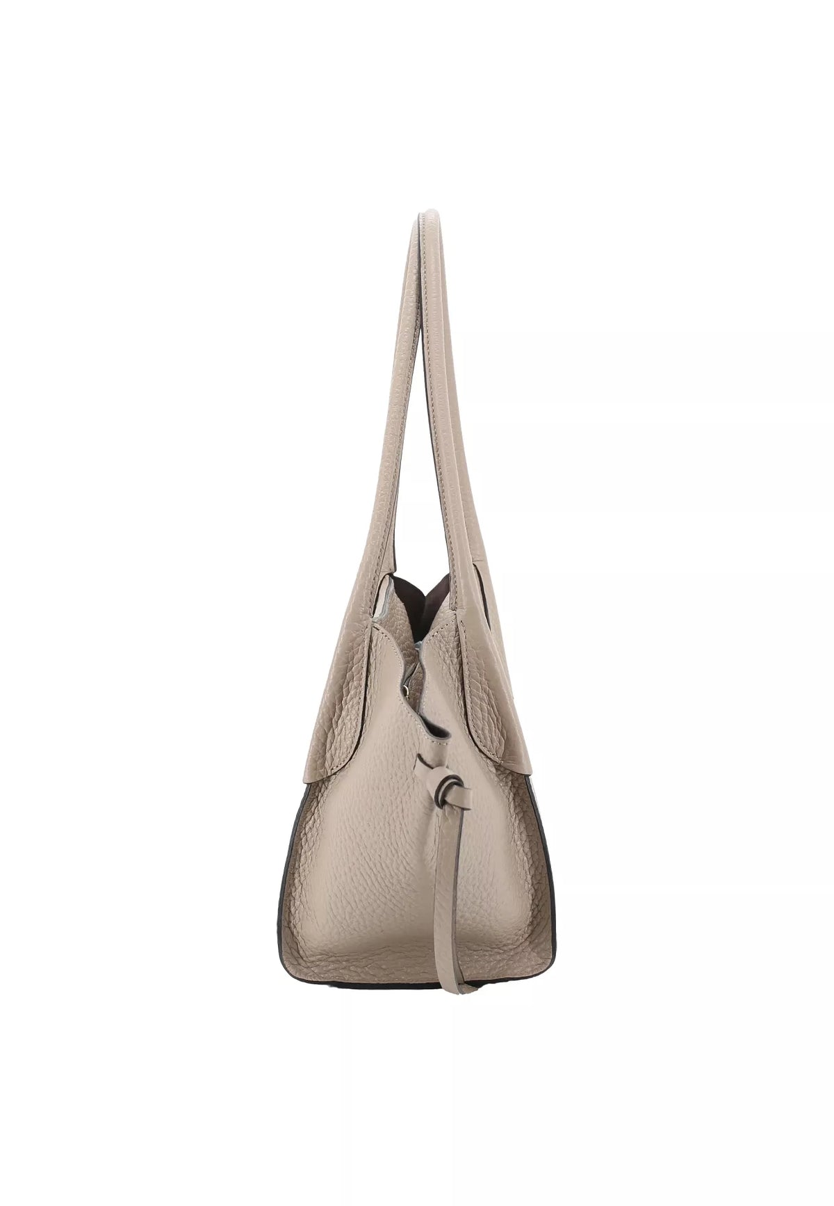 A metallic taupe leather shoulder bag with a pebbled texture, shown from the side profile against a solid white background.