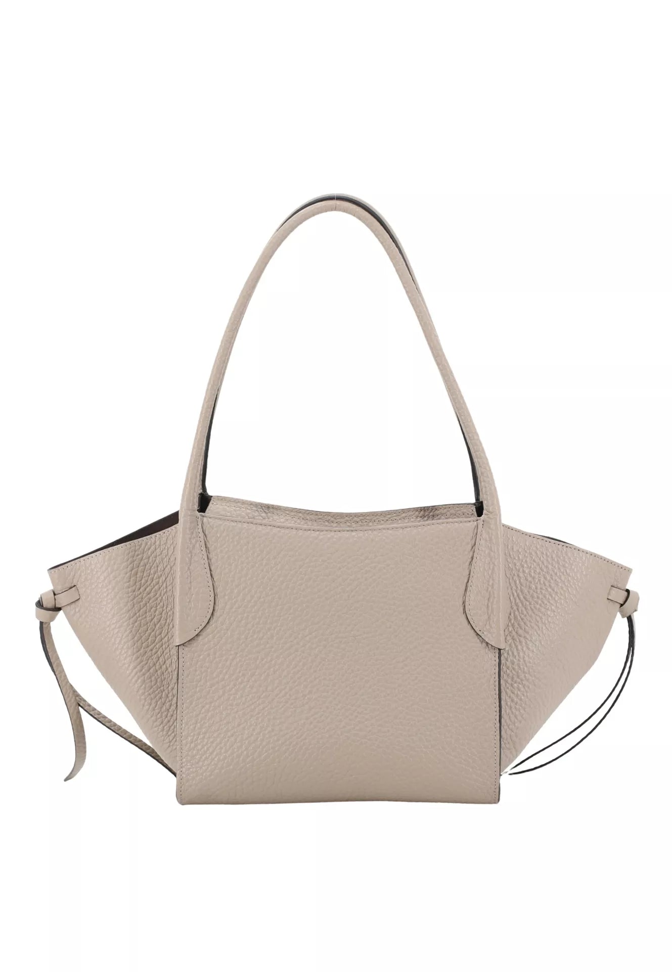 A light beige pebbled leather tote bag with dual top handles and a thin matching shoulder strap, shown against a plain white background.