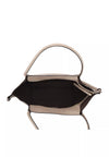 The interior view of a structured handbag with a light beige leather exterior, a black fabric lining, and a single top handle, shown against a plain white background.