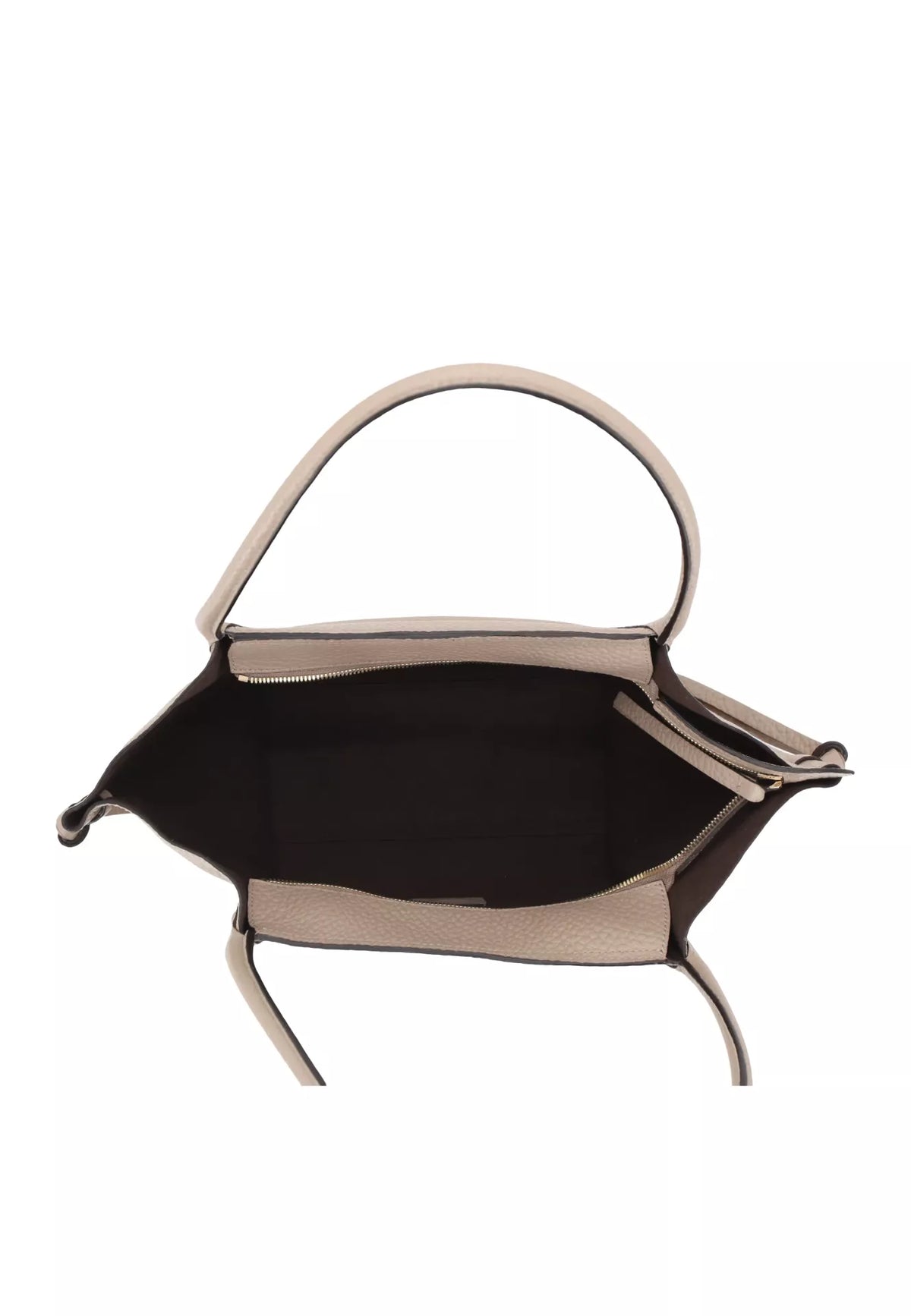 The interior view of a structured handbag with a light beige leather exterior, a black fabric lining, and a single top handle, shown against a plain white background.