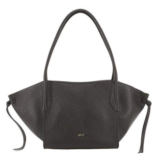A black pebbled leather handbag with a wide, slouchy silhouette, dual top handles, and side drawstring ties, shown against a plain white background.