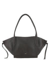 A black pebbled leather handbag with a wide, slouchy silhouette, dual top handles, and side drawstring ties, shown against a plain white background.