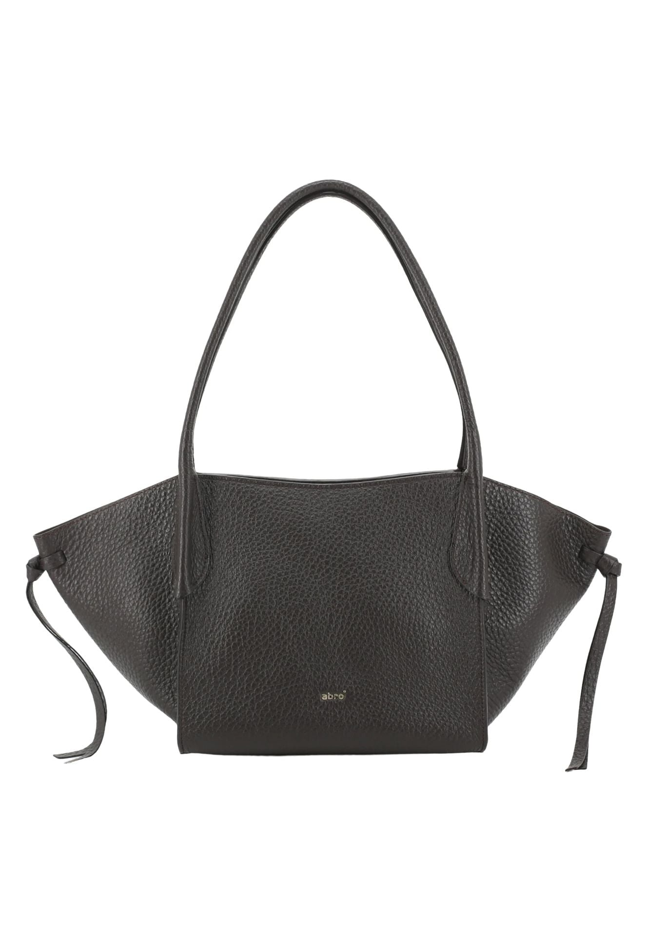 A black pebbled leather handbag with a wide, slouchy silhouette, dual top handles, and side drawstring ties, shown against a plain white background.
