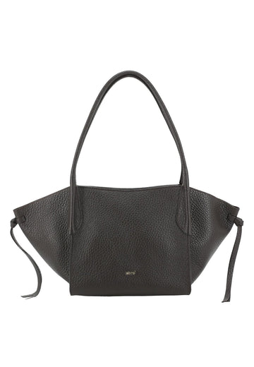 A black pebbled leather handbag with a wide, slouchy silhouette, dual top handles, and side drawstring ties, shown against a plain white background.