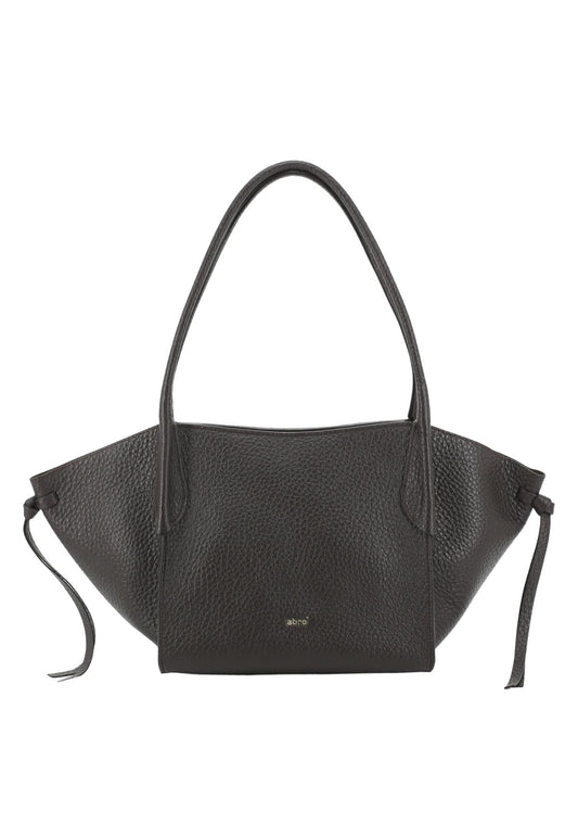 A black pebbled leather handbag with a wide, slouchy silhouette, dual top handles, and side drawstring ties, shown against a plain white background.