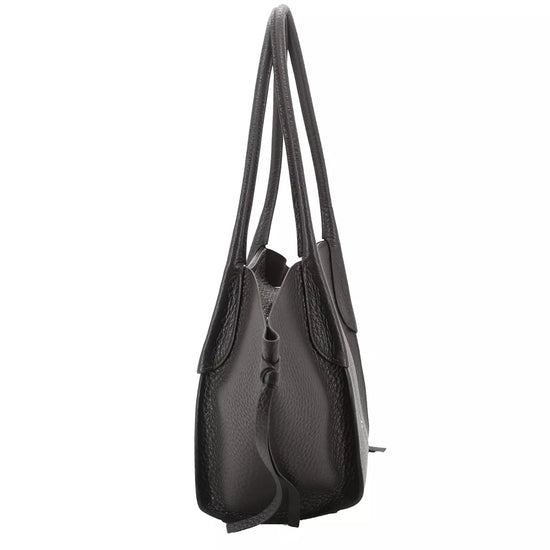 A black leather shoulder bag shown from a side profile view against a plain white background.