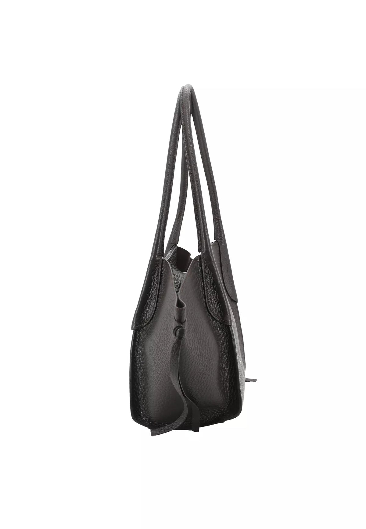 A black leather shoulder bag shown from a side profile view against a plain white background.