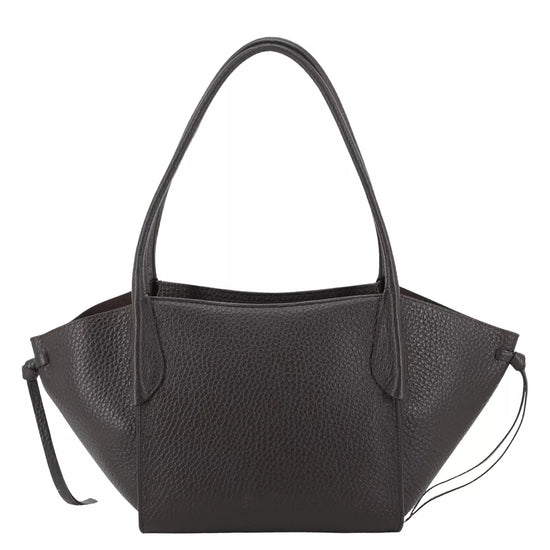 A black pebbled leather handbag with dual top handles and a thin shoulder strap, shown against a plain white background.