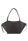 A black pebbled leather handbag with dual top handles and a thin shoulder strap, shown against a plain white background.
