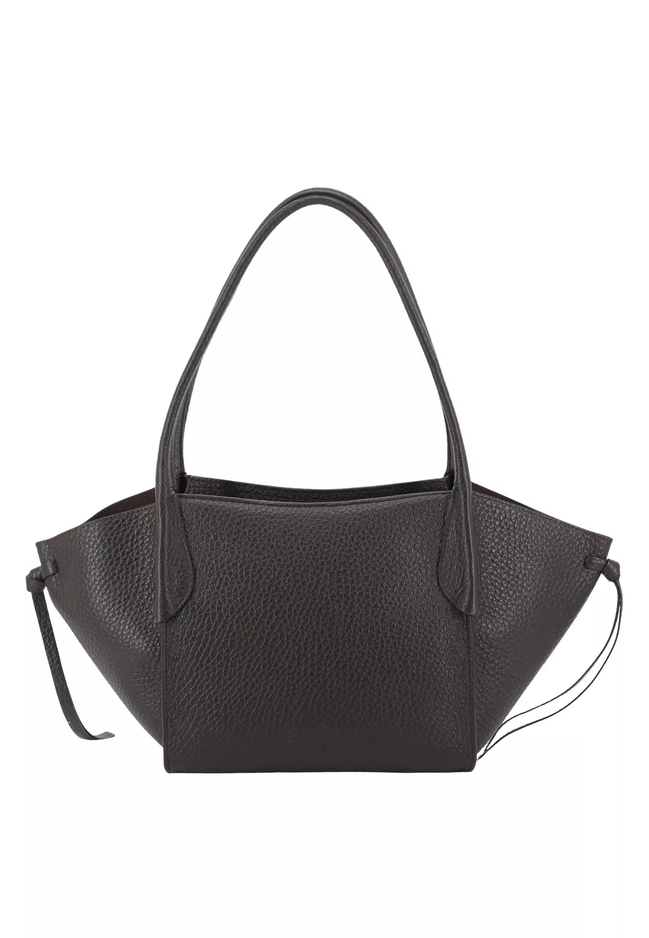 A black pebbled leather handbag with dual top handles and a thin shoulder strap, shown against a plain white background.