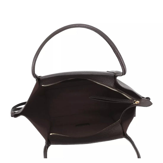 A dark brown leather handbag shown from a top-down view, displaying its interior space, single top handle, and gold-tone zipper closure against a plain white background.