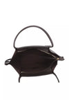 A dark brown leather handbag shown from a top-down view, displaying its interior space, single top handle, and gold-tone zipper closure against a plain white background.