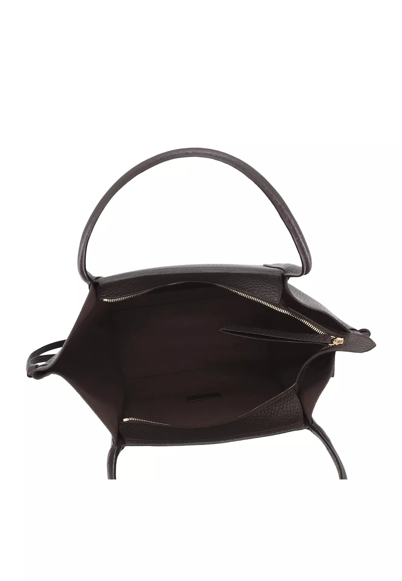 A dark brown leather handbag shown from a top-down view, displaying its interior space, single top handle, and gold-tone zipper closure against a plain white background.