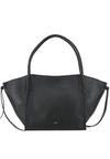 A black pebbled leather handbag with a wide, structured silhouette, dual top handles, and a thin shoulder strap, shown against a plain white background.