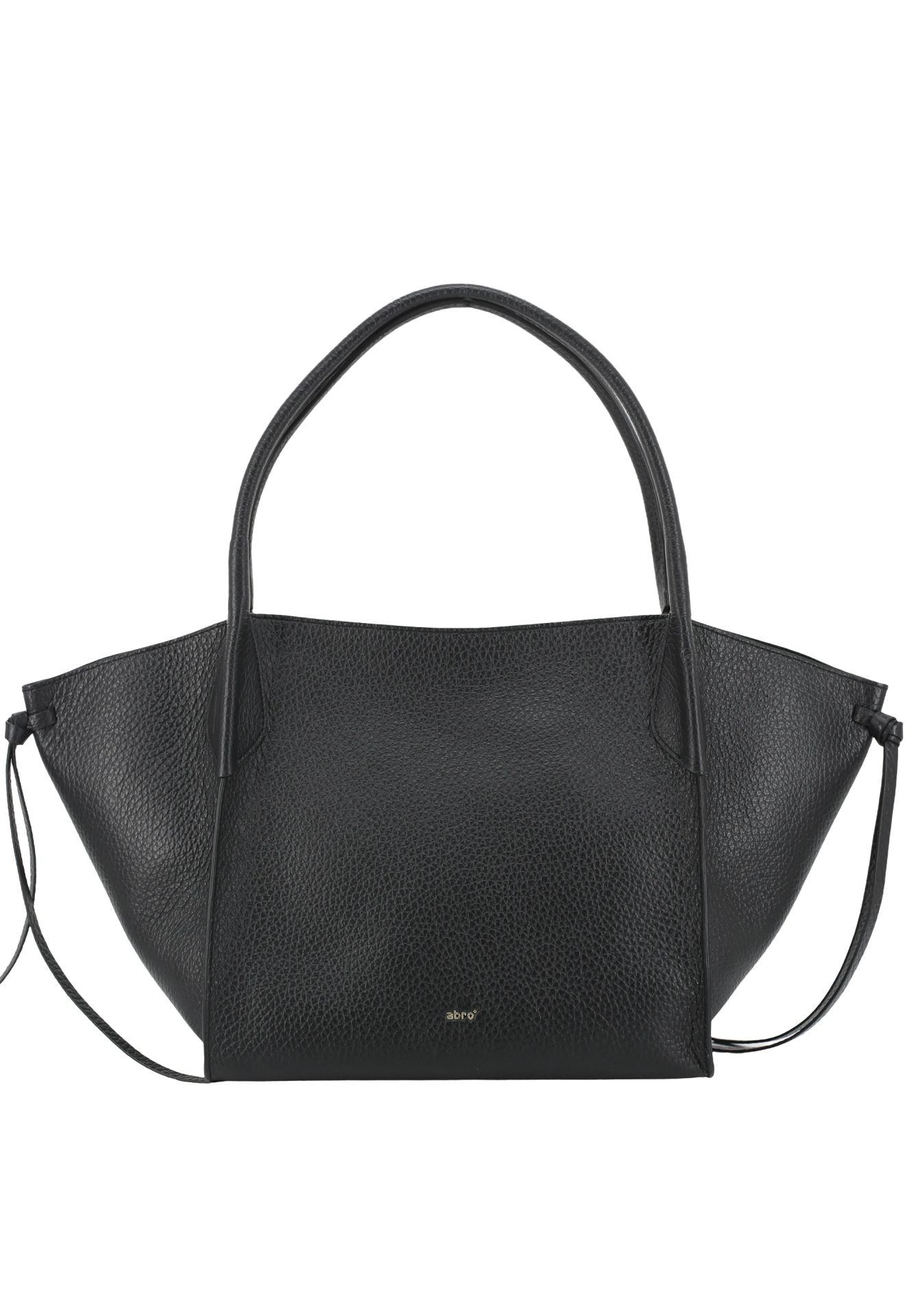A black pebbled leather handbag with a wide, structured silhouette, dual top handles, and a thin shoulder strap, shown against a plain white background.