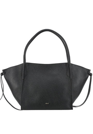 A black pebbled leather handbag with a wide, structured silhouette, dual top handles, and a thin shoulder strap, shown against a plain white background.