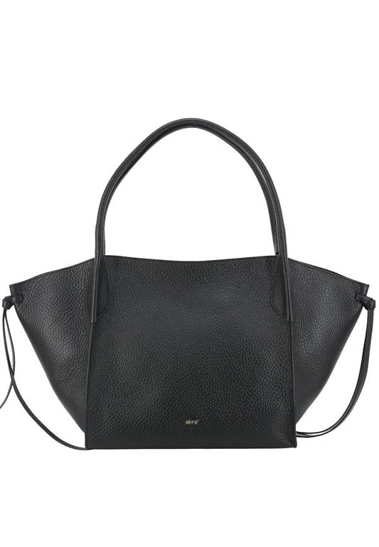 A black pebbled leather handbag with a wide, structured silhouette, dual top handles, and a thin shoulder strap, shown against a plain white background.
