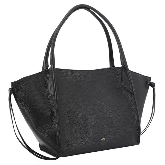 A black pebbled leather tote bag with double top handles and a thin shoulder strap, shown against a plain white background.