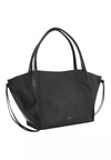 A black pebbled leather tote bag with double top handles and a thin shoulder strap, shown against a plain white background.