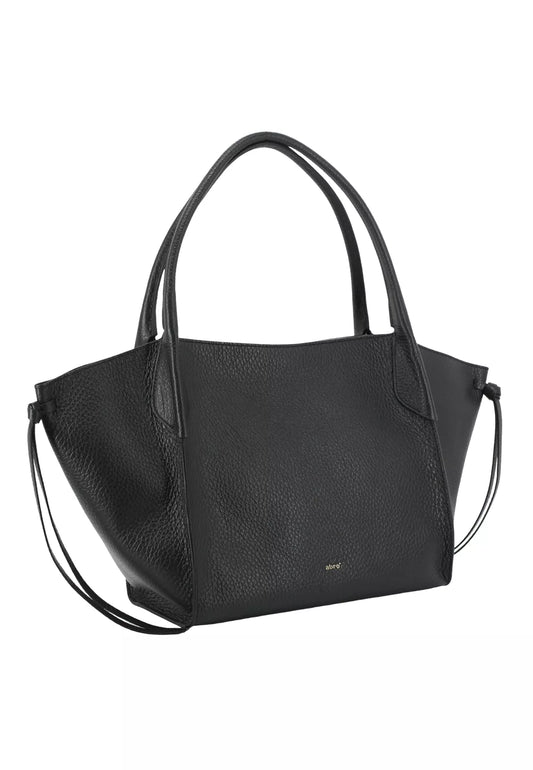 A black pebbled leather tote bag with double top handles and a thin shoulder strap, shown against a plain white background.