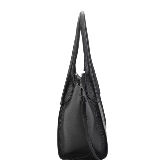 A black leather shoulder bag shown from a side profile view against a plain white background.