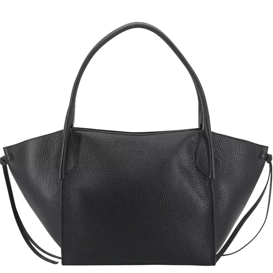 A black pebbled leather handbag with a structured, wide silhouette, double top handles, and thin shoulder straps, shown against a plain white background.