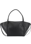 A black pebbled leather handbag with a structured, wide silhouette, double top handles, and thin shoulder straps, shown against a plain white background.