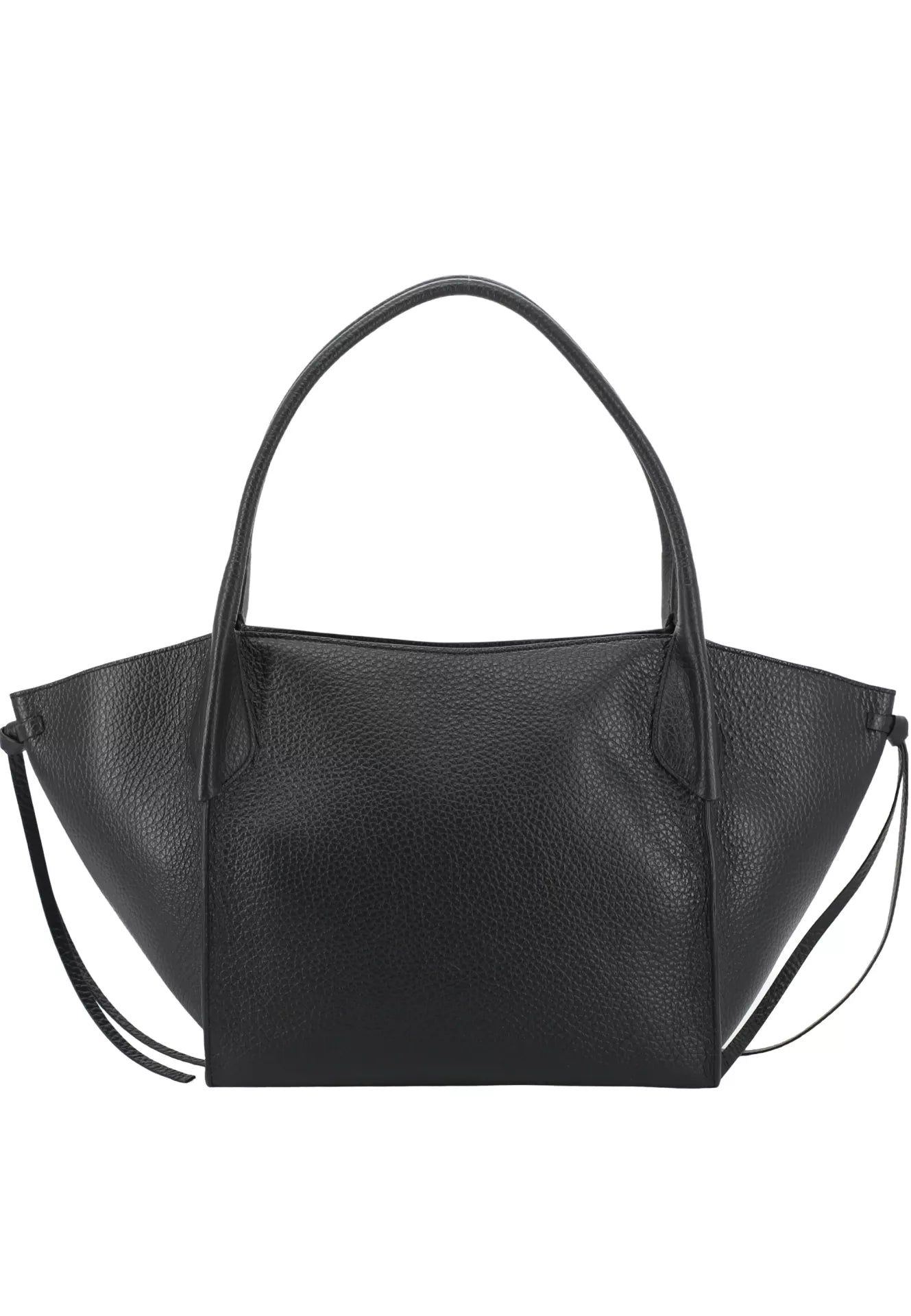 A black pebbled leather handbag with a structured, wide silhouette, double top handles, and thin shoulder straps, shown against a plain white background.