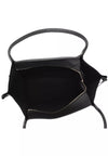 Black leather handbag shown from an overhead angle, highlighting its spacious open interior with a gold-tone zipper and a single top handle on a white background.