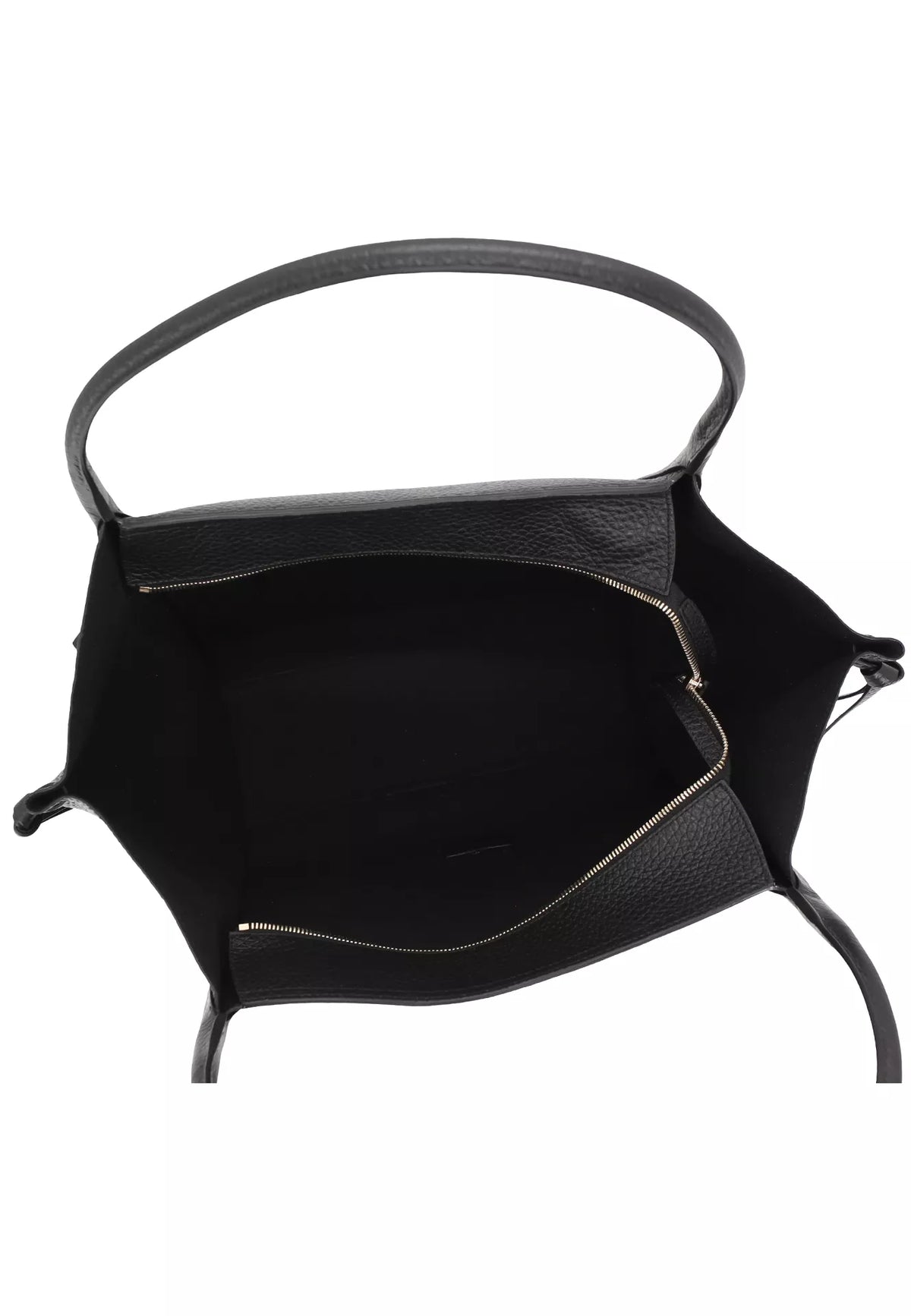 Black leather handbag shown from an overhead angle, highlighting its spacious open interior with a gold-tone zipper and a single top handle on a white background.