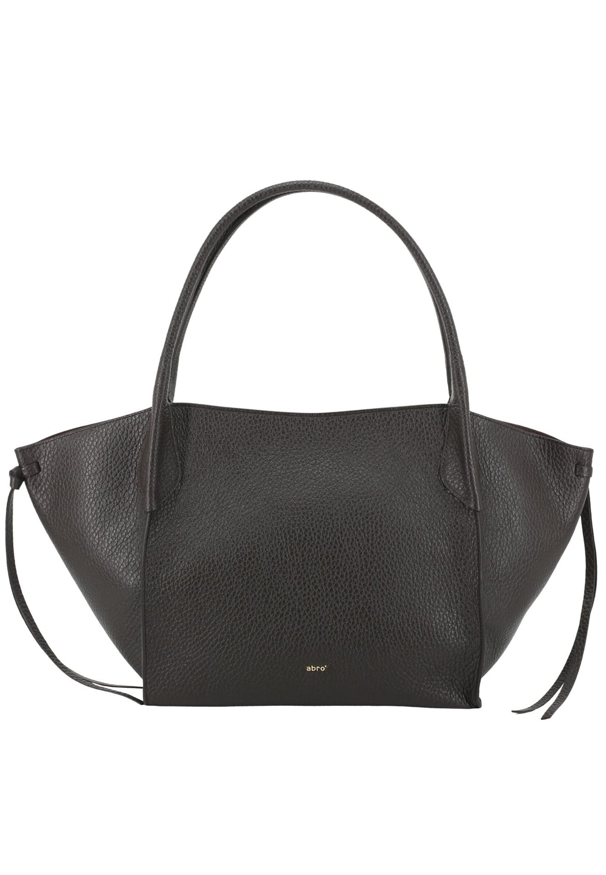 A brown pebbled leather handbag with a structured, asymmetrical silhouette, double top handles, and a small gold 'MNY' logo on the front, set against a plain white background.