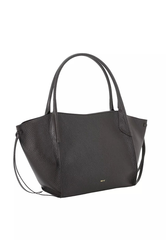 A brown pebbled leather tote bag with double top handles and a small gold logo on the front, shown against a plain white background.